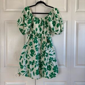 Style House White Green Floral Puff Sleeve Tiered Dress Cottage Peasant S Easter